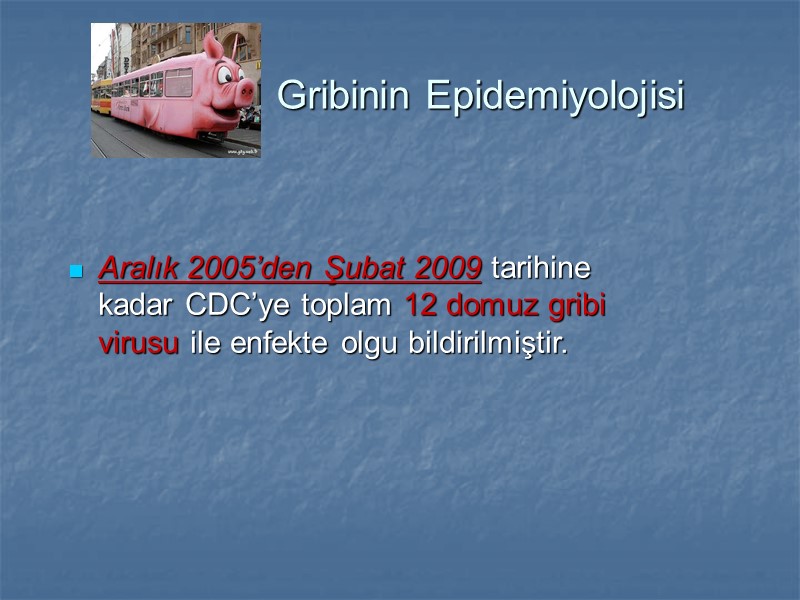Gribinin Epidemiyolojisi  Aralık 2005’den Şubat 2009 tarihine kadar CDC’ye toplam 12 domuz gribi